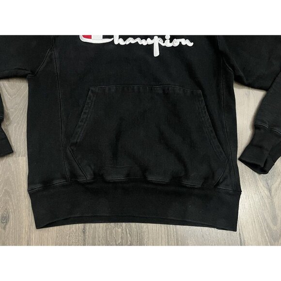 Champion Reverse Weave Sweatshirt Black Small Spell Out Hoodie Hood - Fade - Picture 5 of 9
